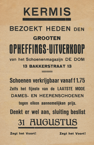 712884 Kleine affiche betreffende de opheffingsuitverkoop van ‘De Dom’, Schoenenmagazijn, Bakkerstraat 13 te Utrecht